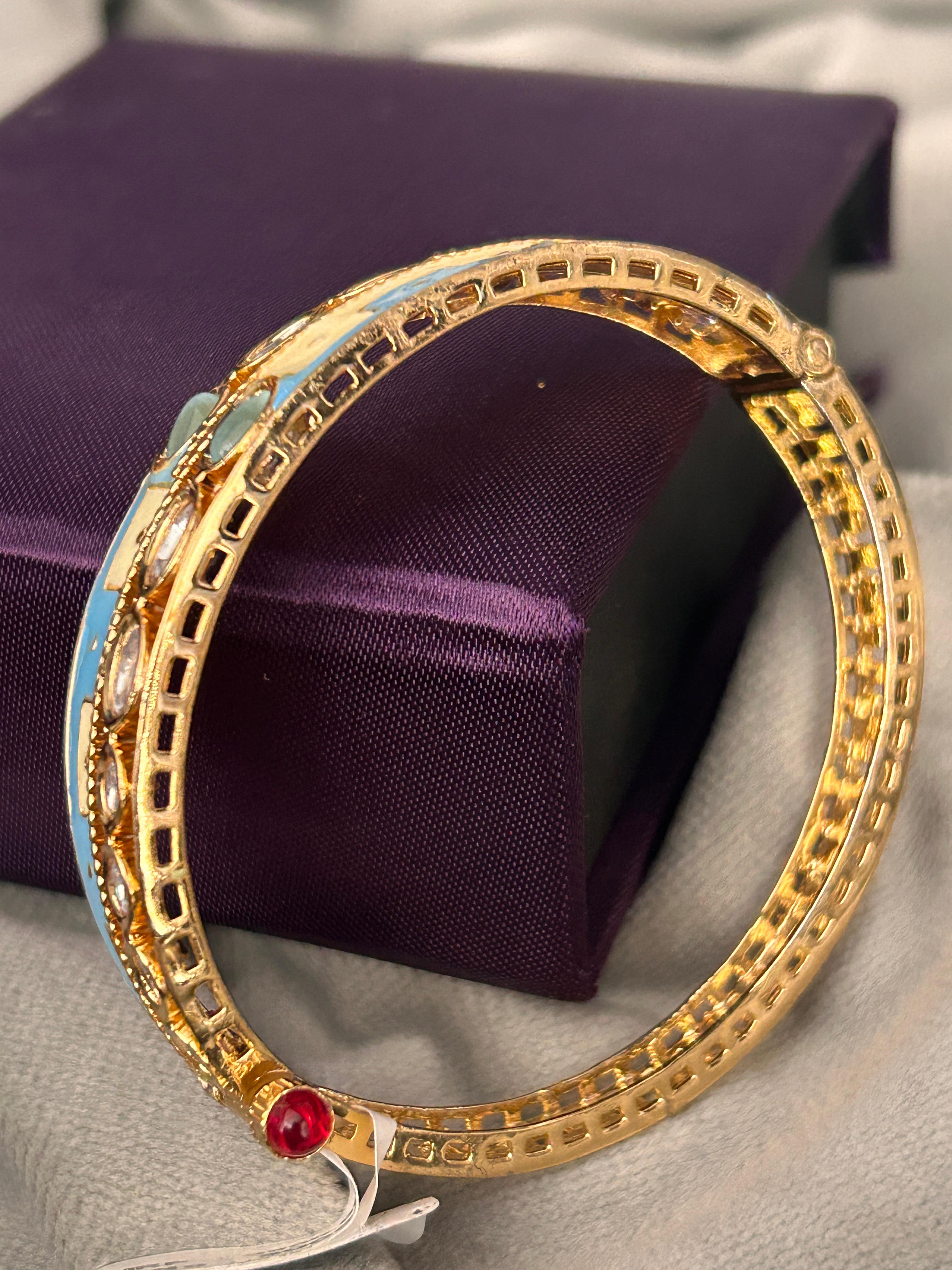 Aqua Enamel Openable Bangle with CZ Stones – Designer Gold Finish (Size 2.4 & 2.6)